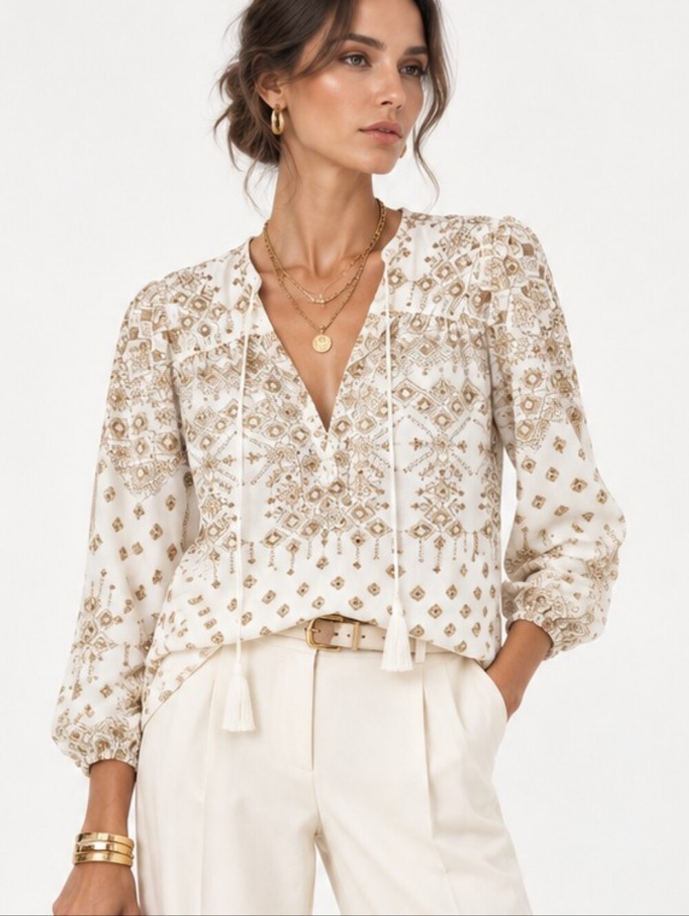 Hale BoB Gold Metallic Popover Embroidered Bkoyse NWT